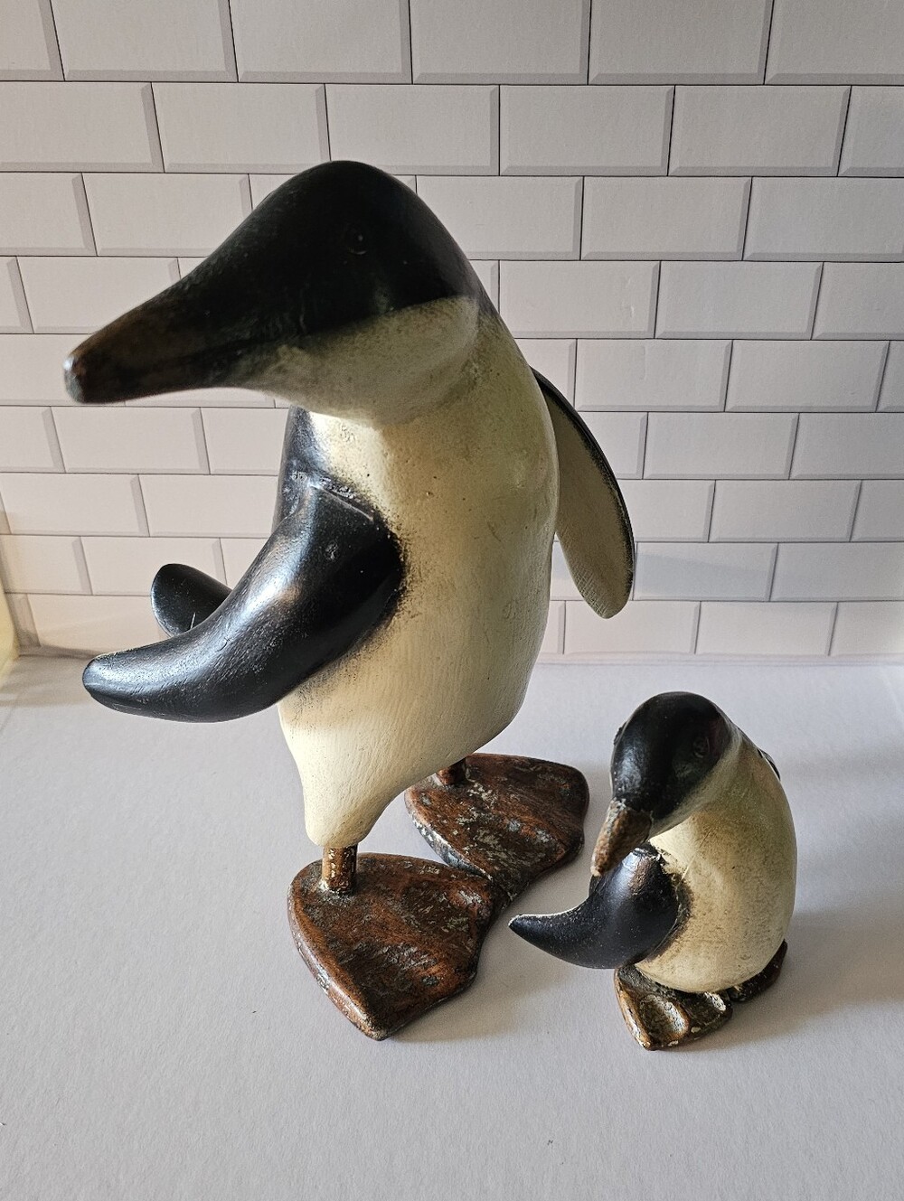 Vintage Wooden Folk Art Penguin Parent & Baby Figurine Set